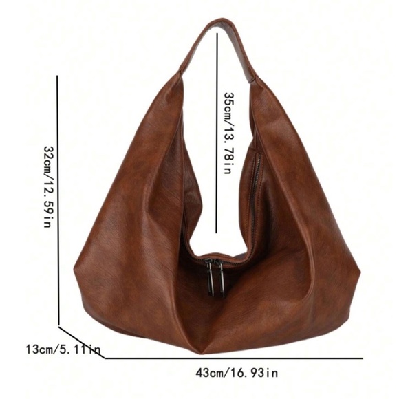 Luxe Brown Vegan Leather Zip Up Large Shoulder Bag - Picture 4 of 6